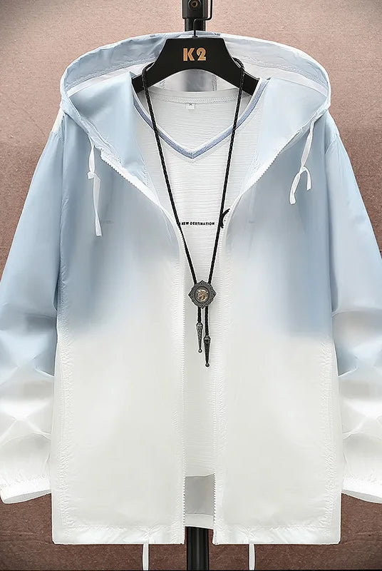 2026 Women Jacket Summer Gradient Y2K Hip hooded light thin windbreaker coat with hood and drawstrings, displayed on a