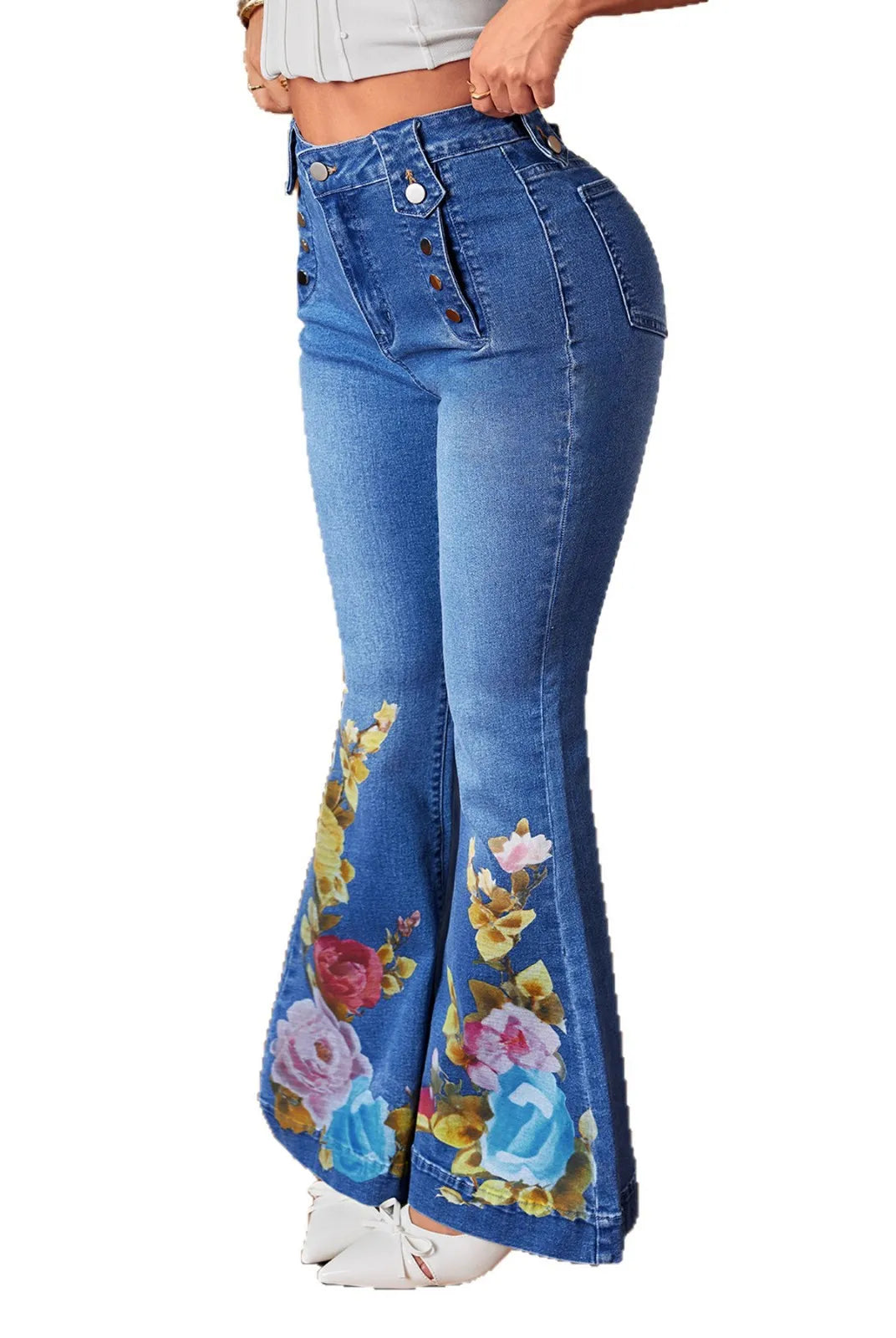 2025 New Women's Comfortable Elastic Bell Bottom Denim Jeans Floral Print mid Waist Long Pants, blue with colorful floral
