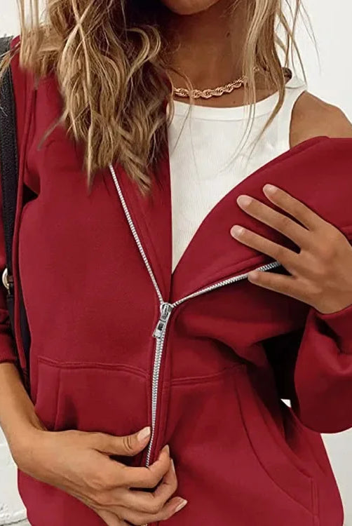 Fashion gray zip-up sweatshirt women autumn winter jacket with long sleeves, solid red color, hoodies, and daily pockets.