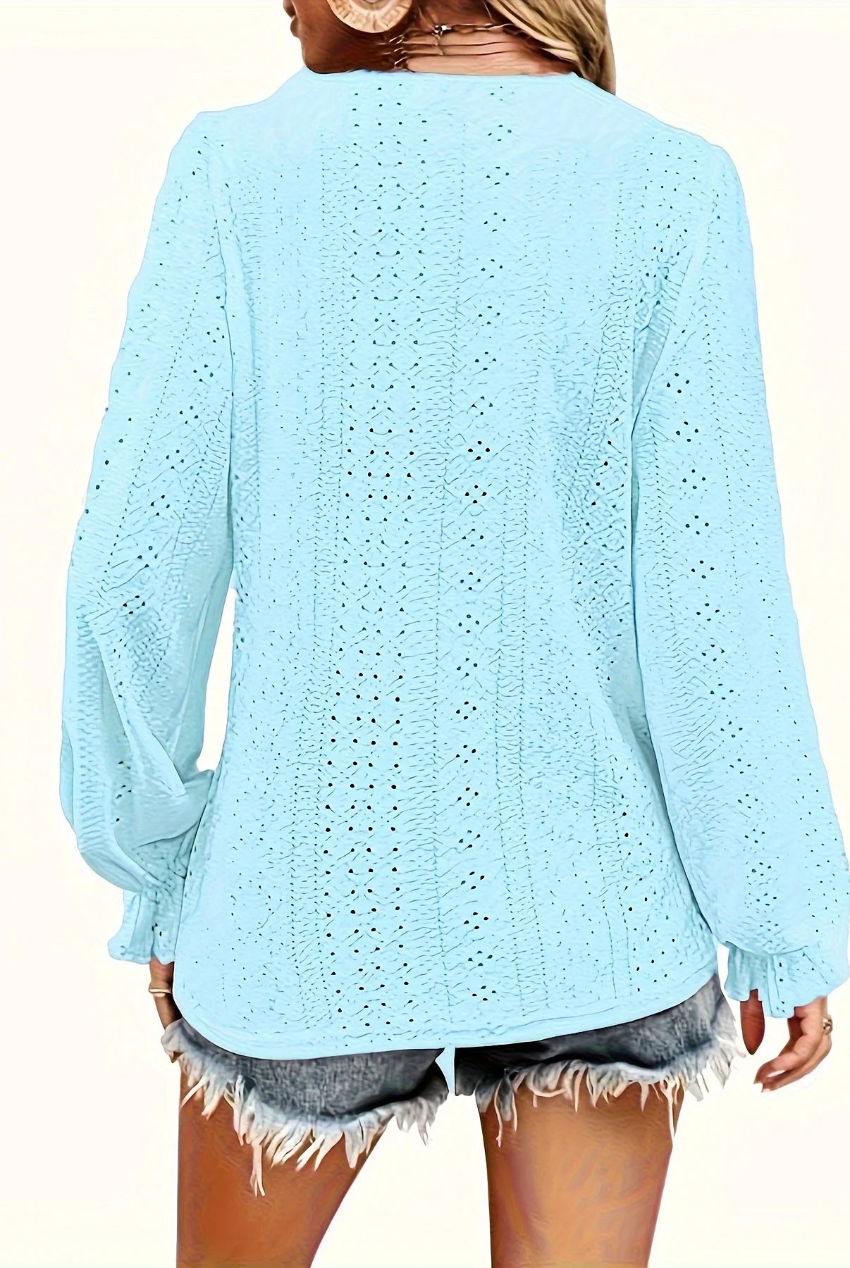 Plus Size Eyelet Button Decor T-Shirt with V-neck, long sleeves, light blue, casual style for spring and fall women's