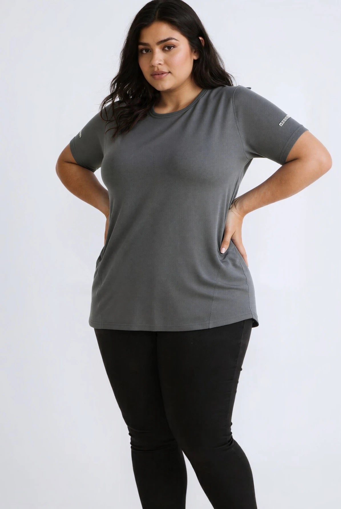 Plus size Women's T-shirt 1XL-7XL in dark gray with round neck, short sleeves, casual summer top, stretchy fabric