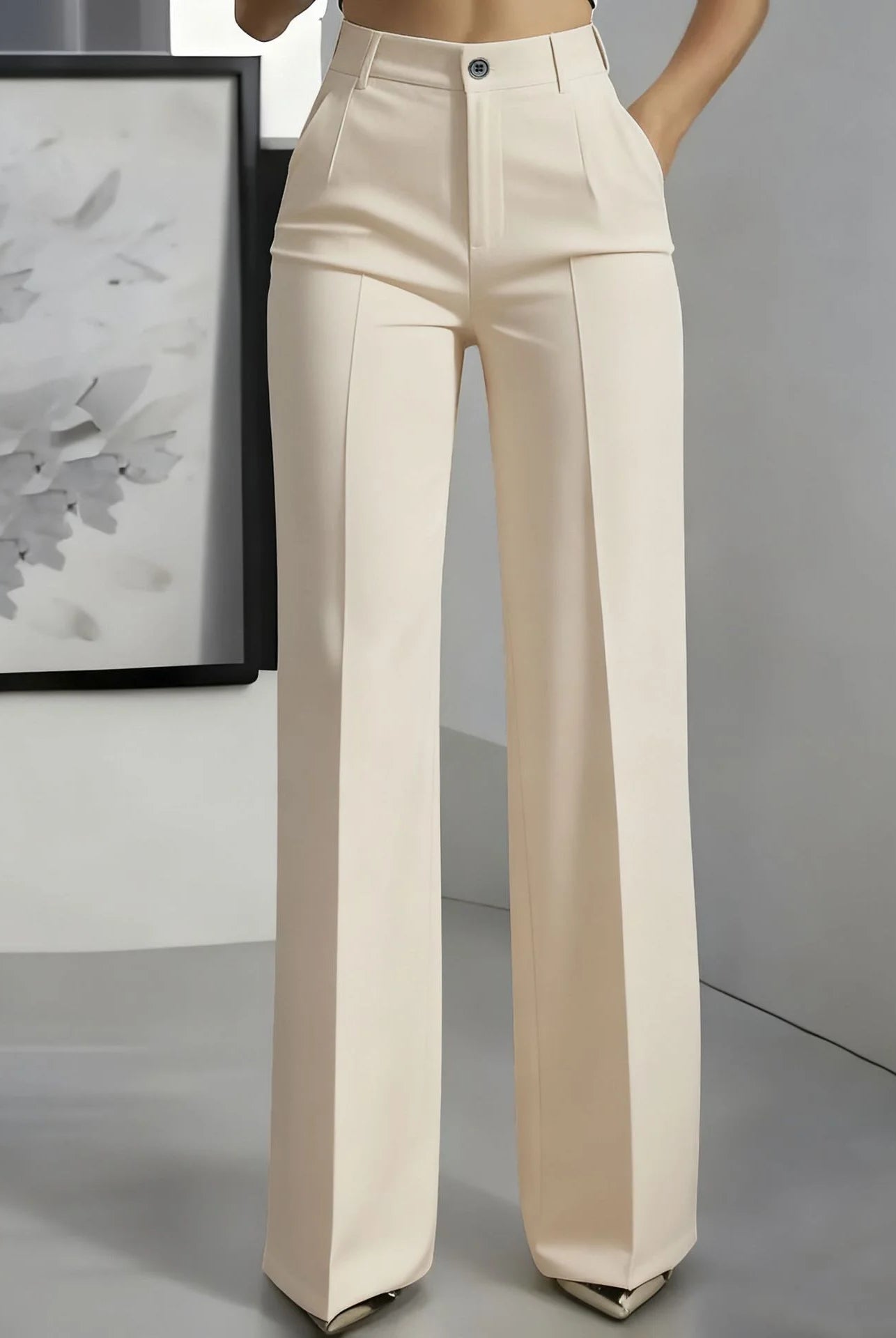 New 2025 Women's High-Waisted Draped Straight-Cut Suit Pants in beige, made of smooth fabric, suitable for European American cross-border fashion.