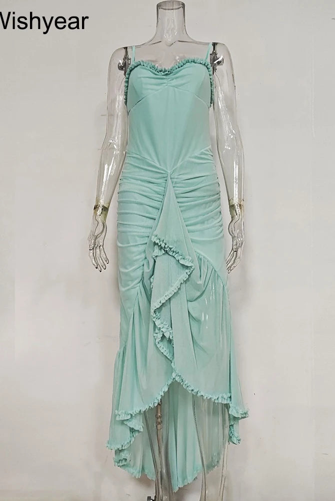 Wishyear Women Sexy Spaghetti Strap Ruffle Irregular Bodycon Long Dress in light blue with ruffled accents, suitable for