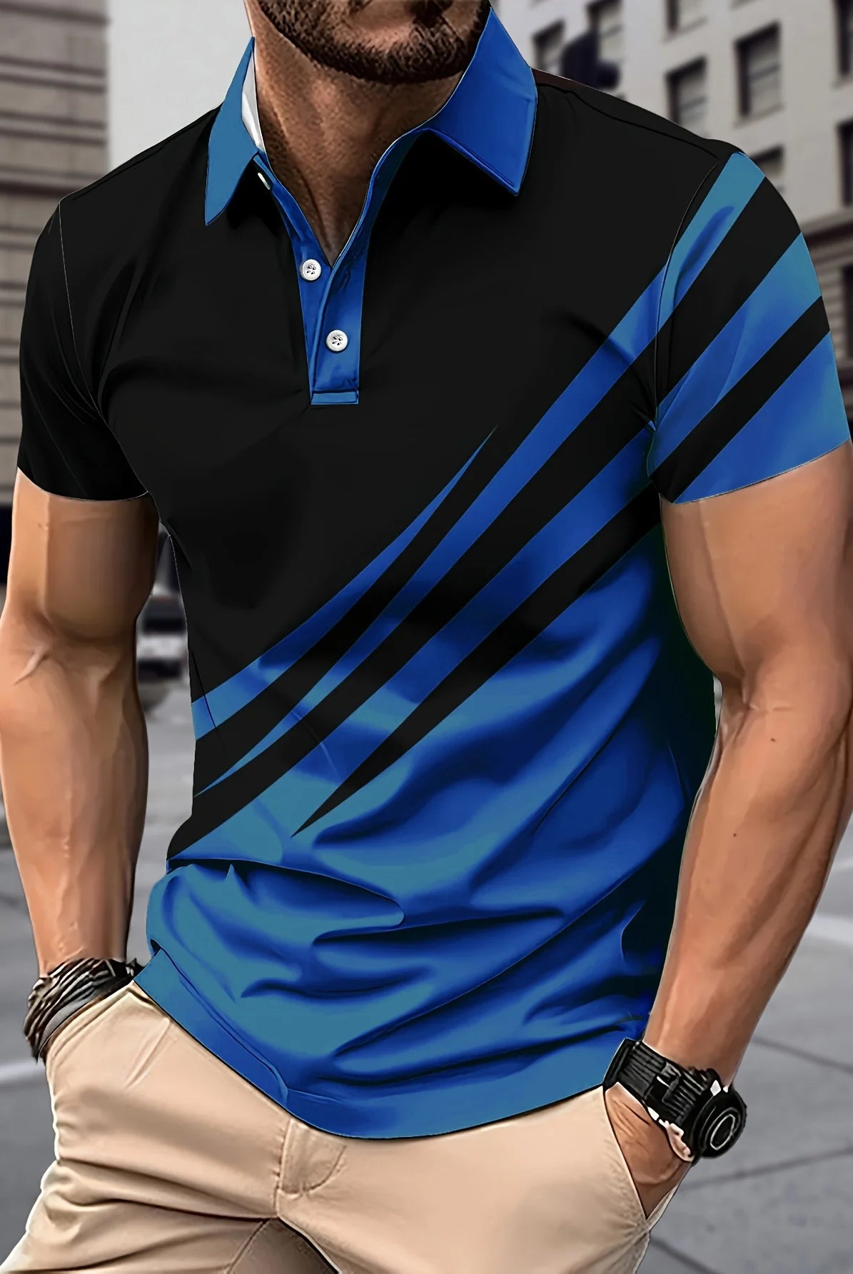Men's Color block Short Sleeve Golf T-shirt with blue and black design, collared polo style, ideal for summer business and