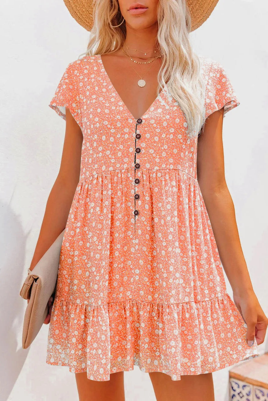 In Europe and the spring and summer independent stand v-neck button small broken flower loose women's leisure dress with short s