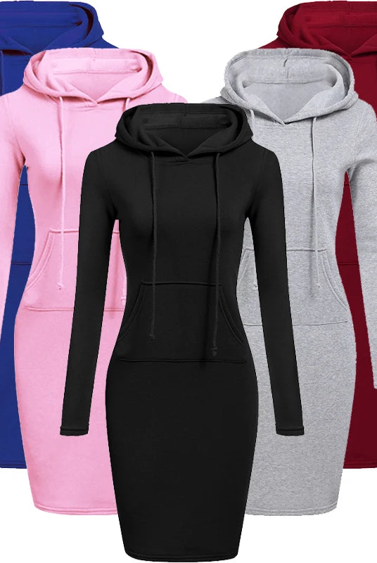 Ladies Dress Autumn Women Hooded Dresses Hoodies Women Sweatshirts in blue, pink, black, gray, and red, made of soft fabric