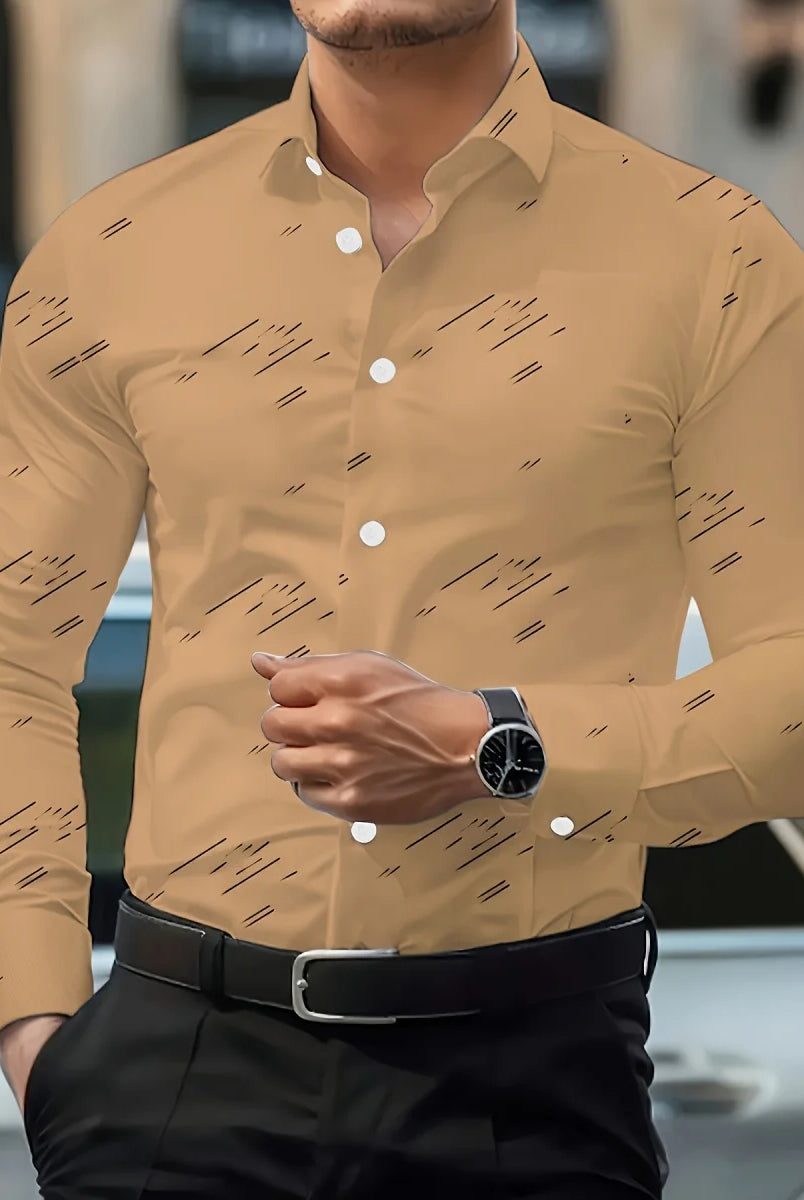 Men's Trendy Geometric 3D Line Print Long-Sleeved Button-Up Shirt in beige with black accents, casual fashion for men.