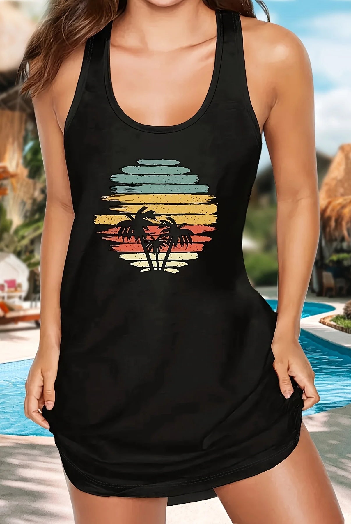 Women's Black Sleep Tank Dress with red lips graphic, sleeveless, loose fit, soft fabric, perfect for summer vacations and casual wear.