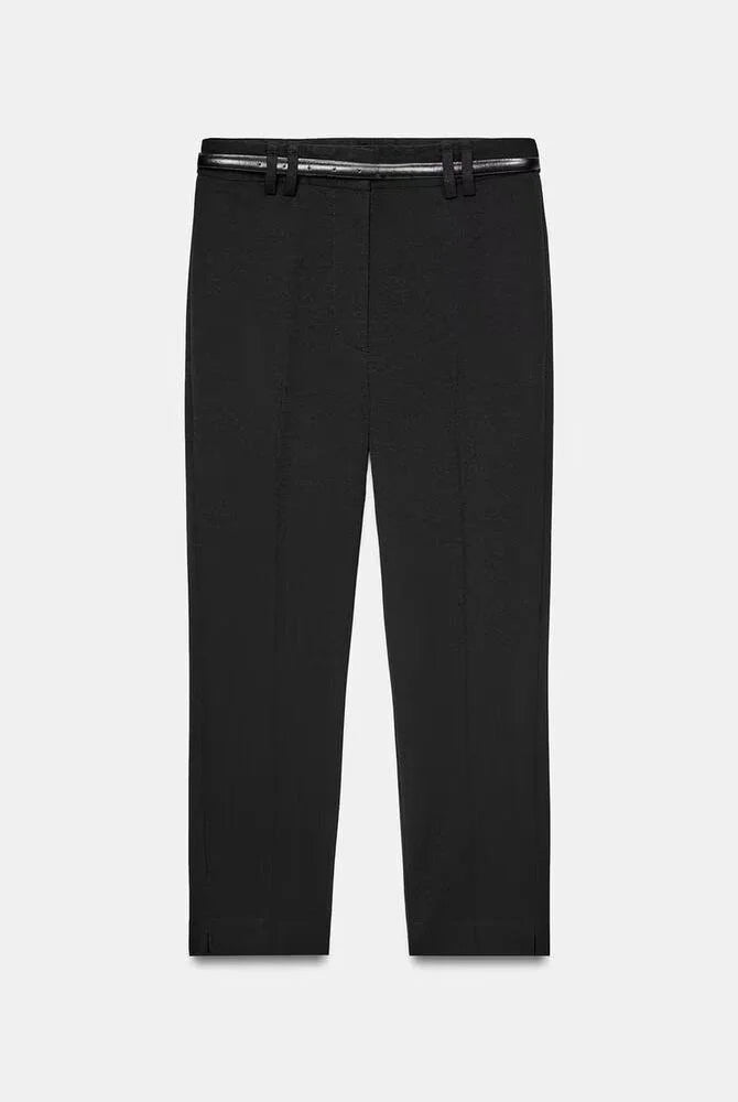 Spring New Arrival Women's Casual Pure Color Capri Pants with Belt, black versatile leisure trousers for spring wear