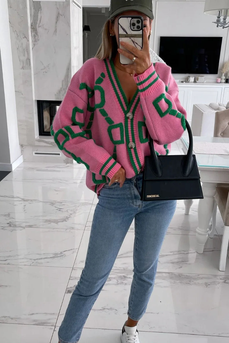 Autumn Winter Jacquard Knitted Coat Women Fashion V-neck long sleeve single breasted cardigan in pink with green geometric