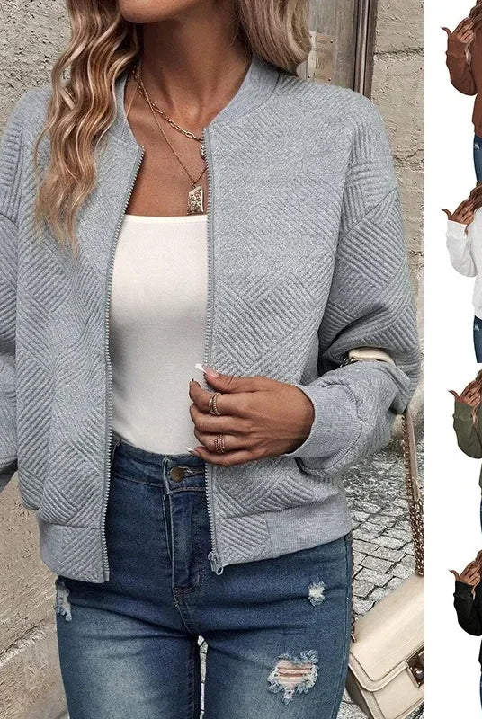 2025 Autumn and Winter new fashion women's sweaters coats plus size solid color zipper jacket casual top in light gray, worn with distressed jeans.