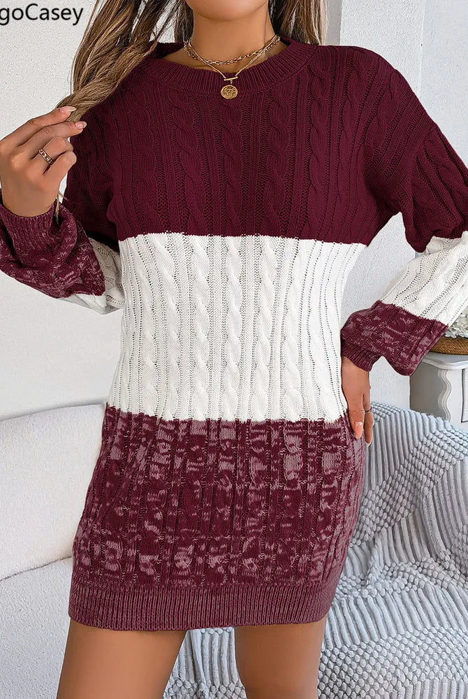 VigoCasey 2025 Casual Solid Patchwork Knit Dress for women, long sleeve bodycon dress in burgundy, white, and maroon