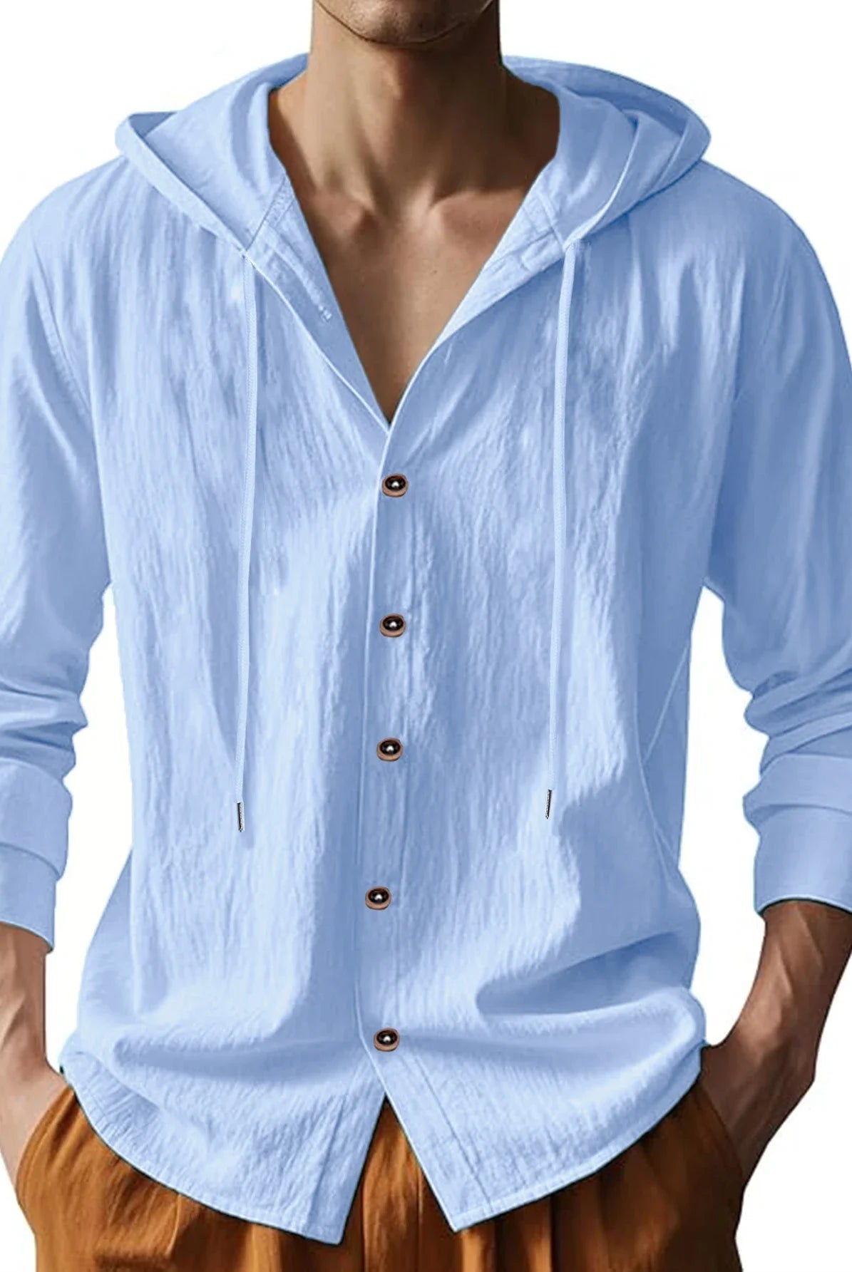 Summer Hot Sale Beach Style Shirts Men's Long-Sleeved Hooded Cotton Linen Solid Color Casual Collar Shirt