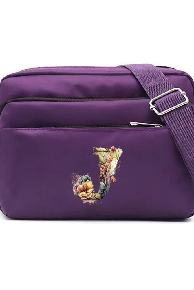 Leisure Purple One Shoulder Crossbody Bag with floral letter J print, large capacity, made of durable fabric, suitable for