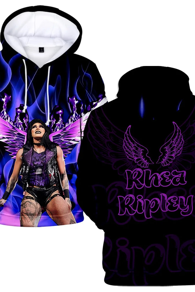 Rhea Ripley Hoodie Merch for Women and Men with purple wing and logo design, black and purple streetwear sweatshirt, Y2K fashion style.