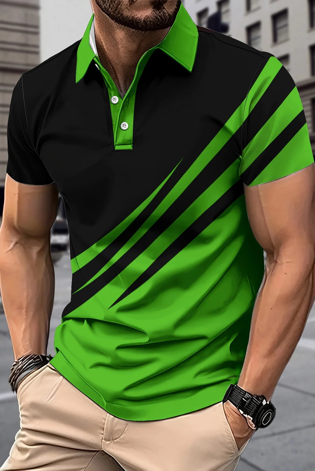 Men's Color block Short Sleeve Golf T-shirt with black and neon green design, polo collar, lightweight summer fabric for