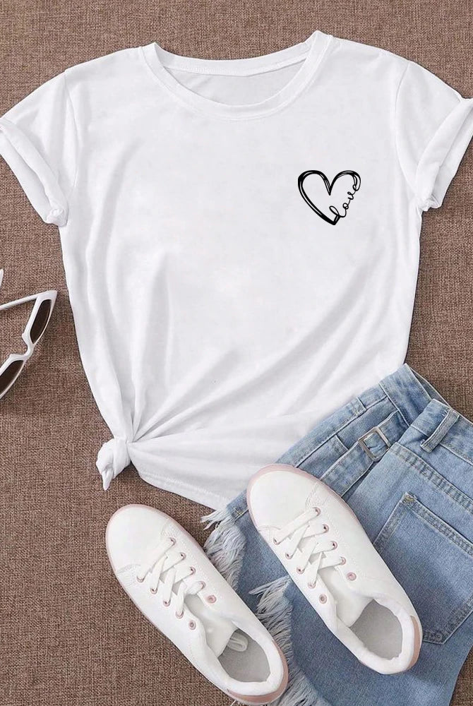Love Heart Printed Trend Women Fashion Clothing Graphic T-shirt with short sleeves, casual fit, white color, and love heart graphic design.