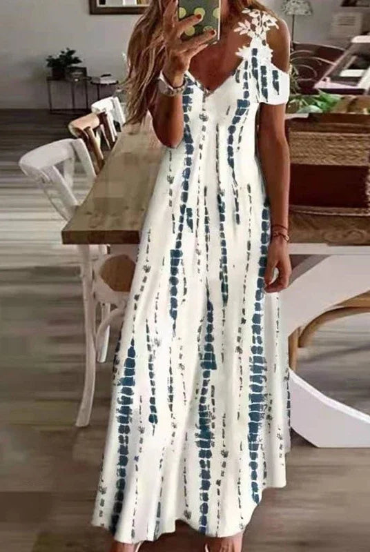 Women's Printed White Lace Sleeveless Suspender Dress Summer Fashion Casual Long Dress worn by a woman taking a mirror