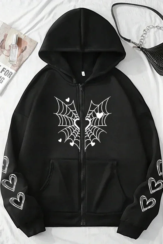2025 Hot Sale Women's Hoodie with spider web and heart print, black zip-up sweatshirt, all-season casual urban fashion