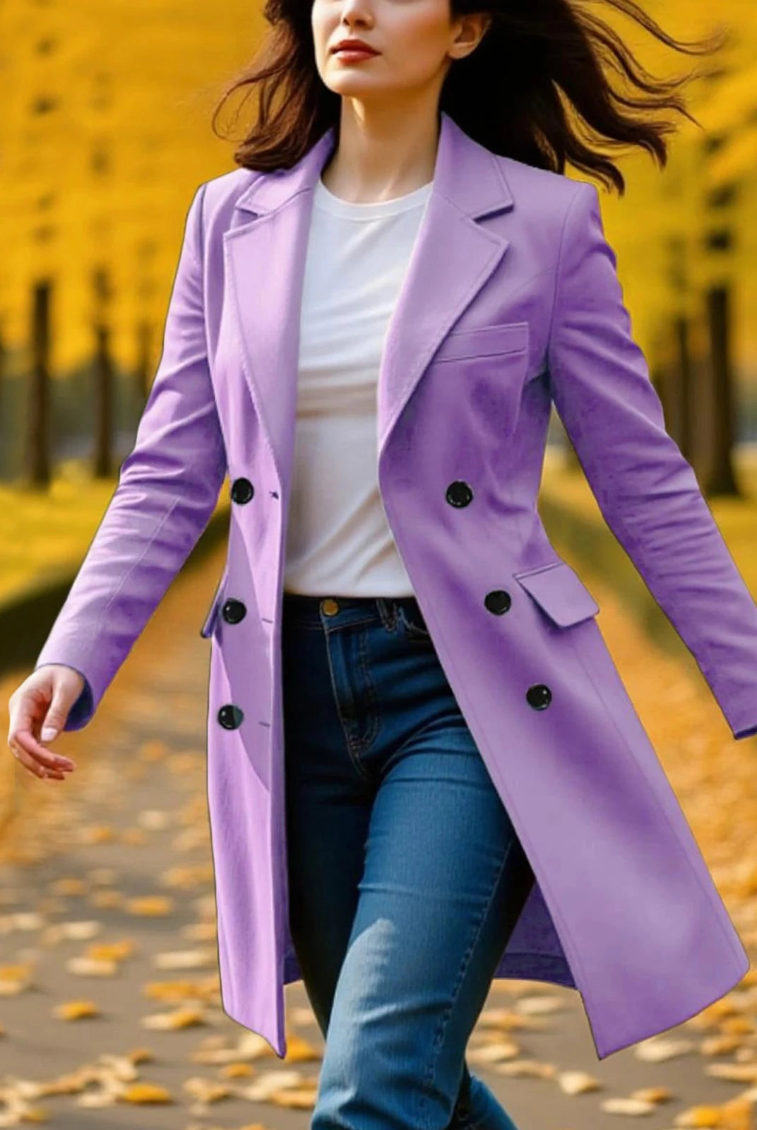 New Women's Coats Autumn Winter Long Sleeve Lapel Breasted Trench Coat in lavender, stylish A-line fall jacket for women.