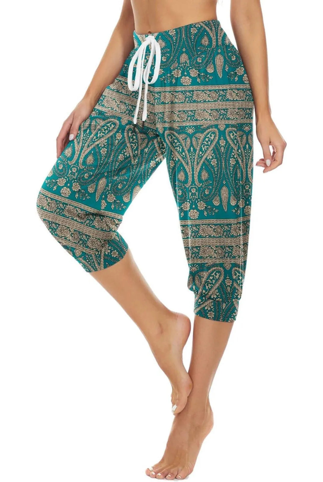 Women's Summer Loose Capri Pants Retro Printed Casual Sports Pants Yoga Pants with Pockets in teal with beige floral design
