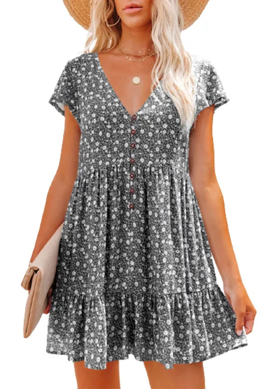In Europe and the spring and summer independent stand v-neck button small broken flower loose women's leisure dress with short s