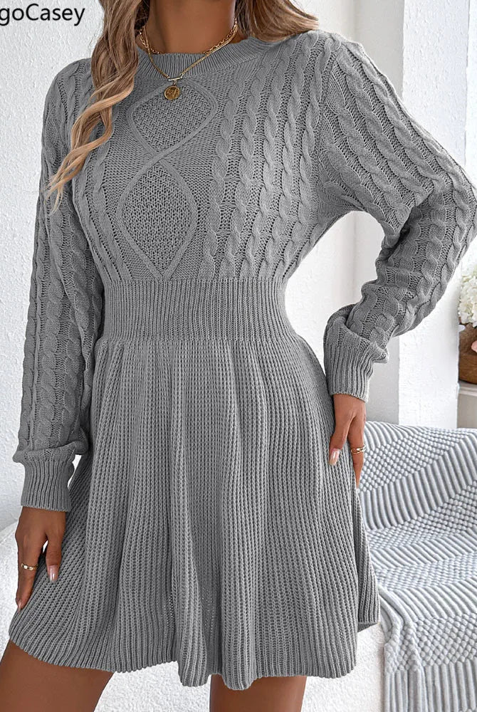 VigoCasey 2025 Grey O Neck Casual Knit Dress for women, long sleeve bodycon short dress in autumn winter solid knitted