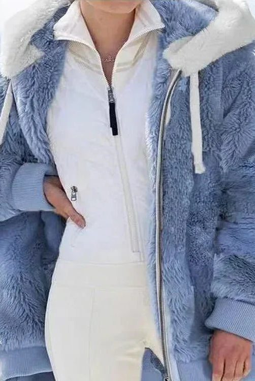 Oversized women's jacket for 2025 autumn winter, plush warm coat with hood, pockets, zipper, and cashmere blend streetwear outerwear