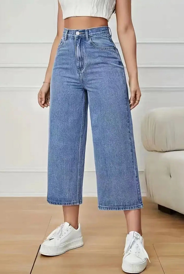 Women's High-Waisted Wide-Leg Capri Jeans in light blue denim with a relaxed fit, cropped length, and classic five-pocket