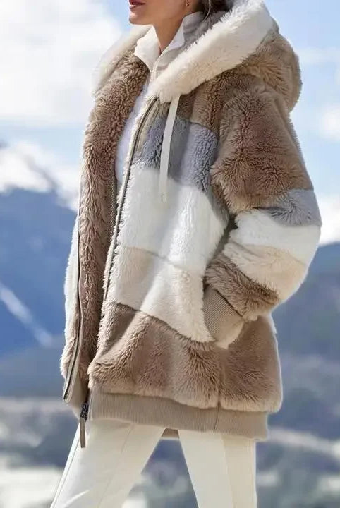 Winter Fashion Women's Coat with hood, zipper, plaid stitching, and cashmere material, ideal for casual cold-weather wear.