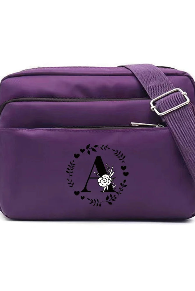 Purple One Shoulder Crossbody Bag with large capacity, Garland Letter Series print, made of smooth fabric, ideal for