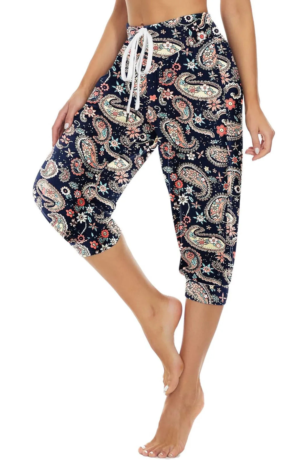 Women's Summer Loose Capri Pants with retro floral print, breathable fabric, elastic waistband with drawstring, and pockets.