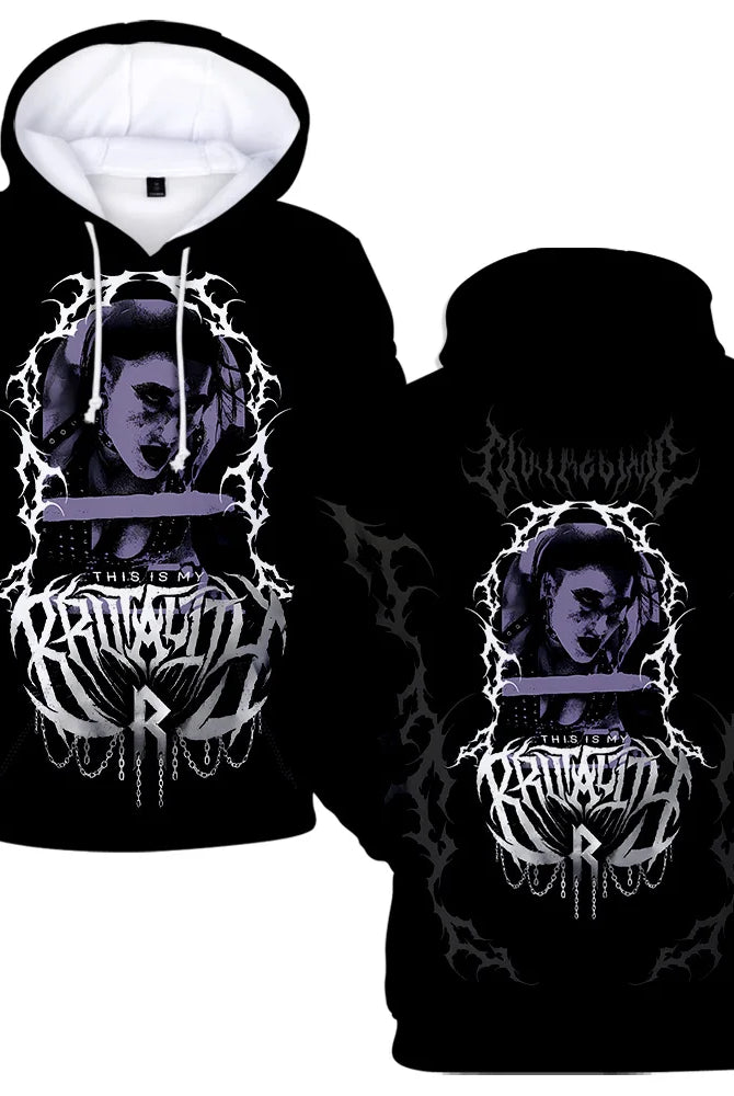 Rhea Ripley Hoodie Merch for women and men, black streetwear sweatshirt with purple graphic of Rhea Ripley, suitable for sports and casual wear.