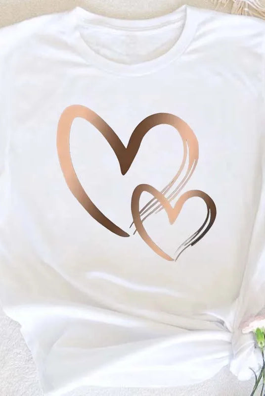 Summer New Fashion Women's Heart Printed T-shirt featuring trendy casual round neck and short sleeves in white with pink and brown heart designs.