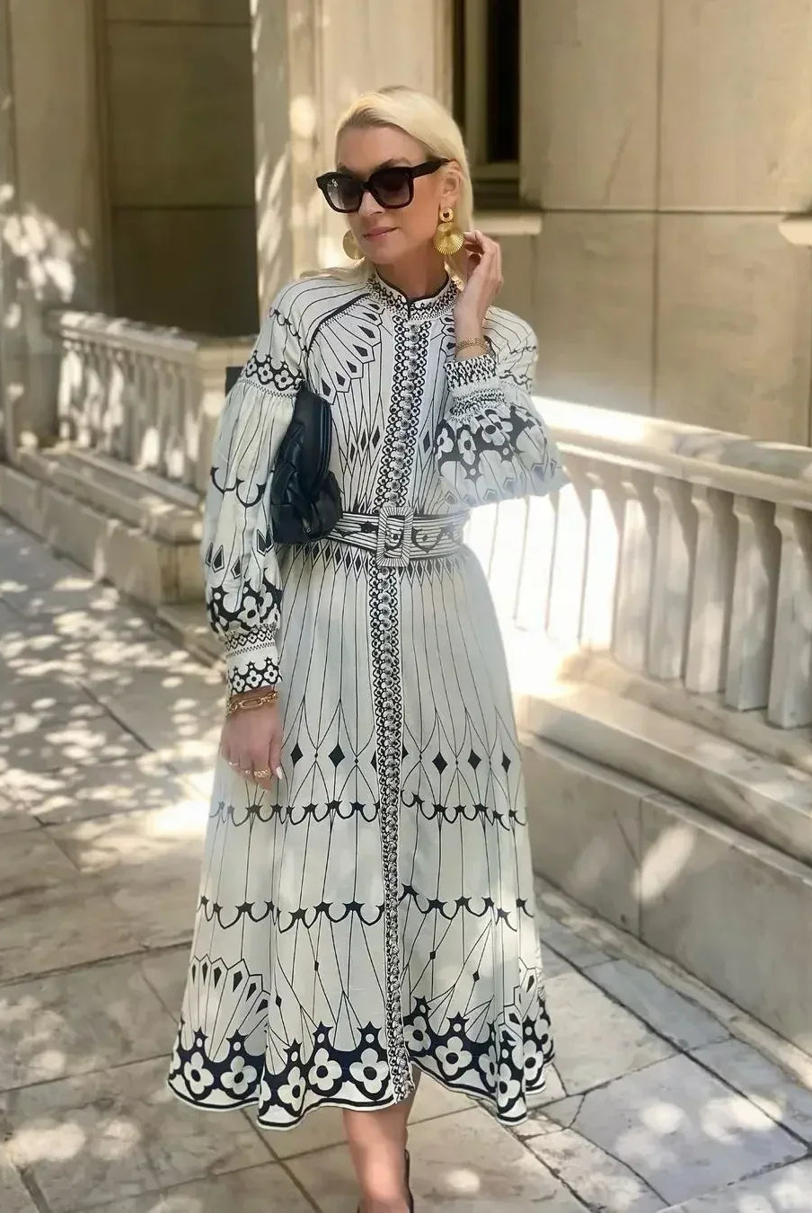 Retro elegant stand collar long dress women spring pattern print belted buckle party dress autumn long sleeve A-line boho