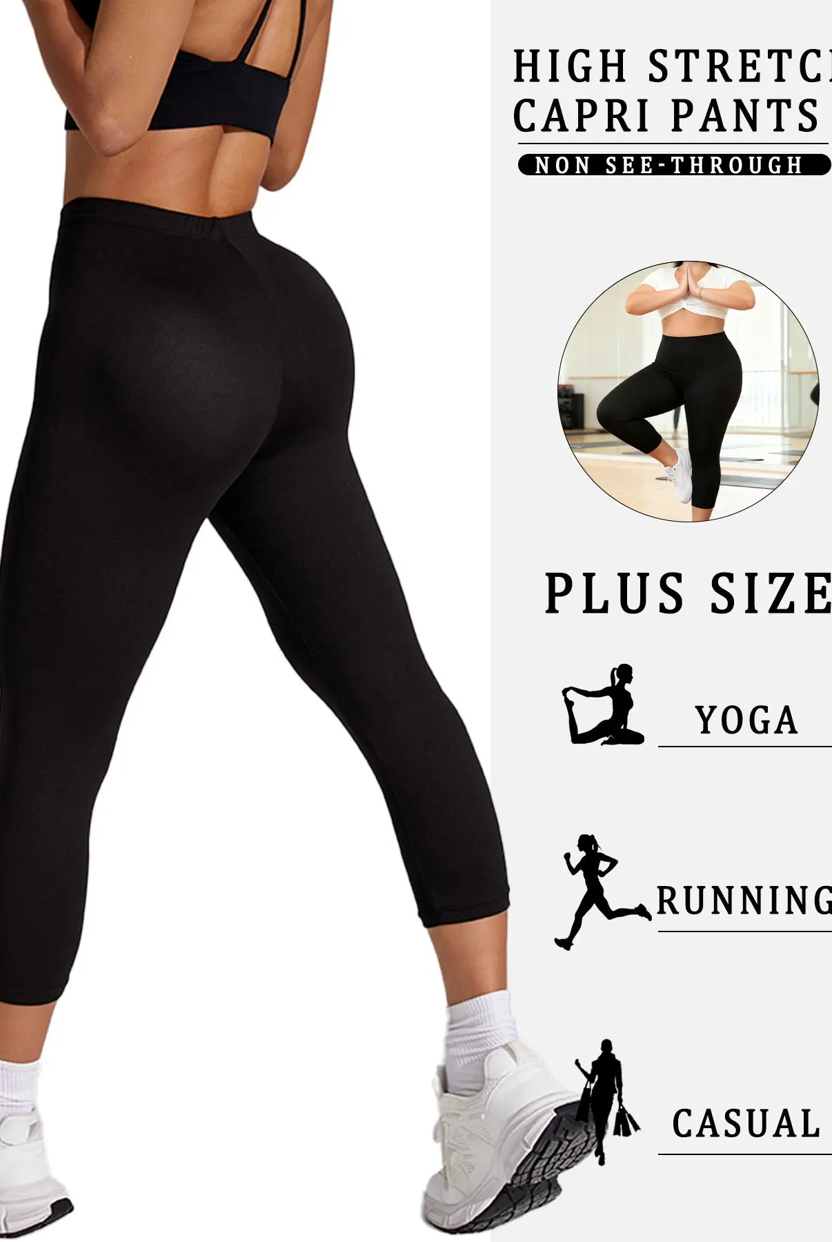 Plus Size Plus Size Super Soft Capri Pants for Women in black, non-see-through, high-stretch athletic leggings for yoga, running, and casual wear.
