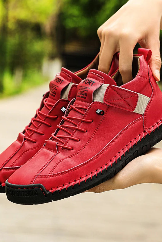 New Fashion Sneakers Handmade Leather Women's Shoes Mid-Top casual flats slip-on loafers in red with black soles and beige