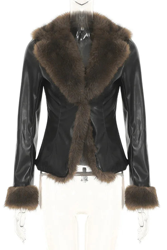 Faux Fur Patchwork PU Leather Jacket Luxurious Furry Collar Warm Long Sleeve Coats Winter Chic V-neck Cardigan Thick Outerwear