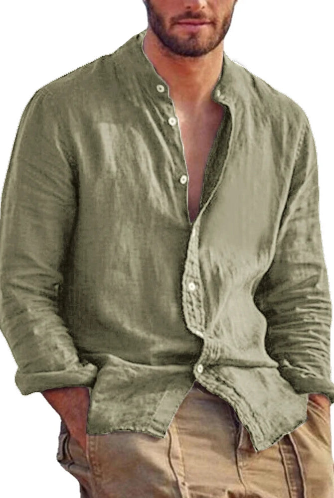 New Men's Solid Color Long Sleeve Shirt Linen Cotton Shirts Trend Plus-size Stand Collar Casual Lightweight Beach Tops in olive green