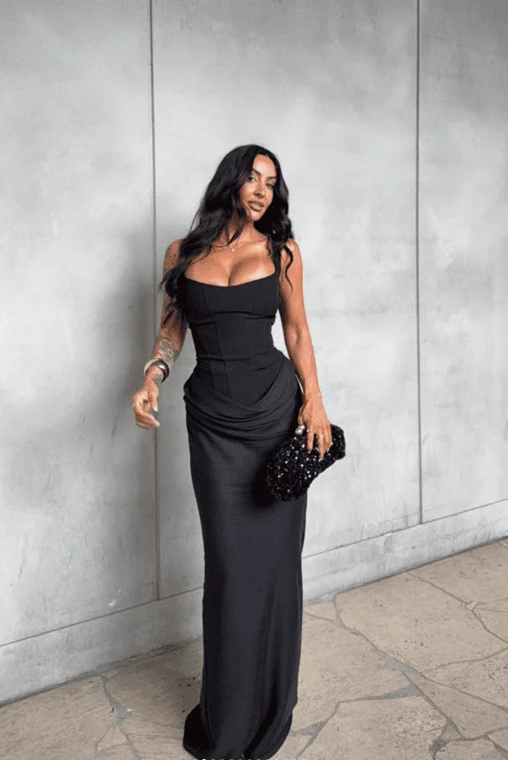 Mingmingxi White Sexy Corset Maxi Dress for women, black evening gown with fitted bodice, long length, suitable for parties