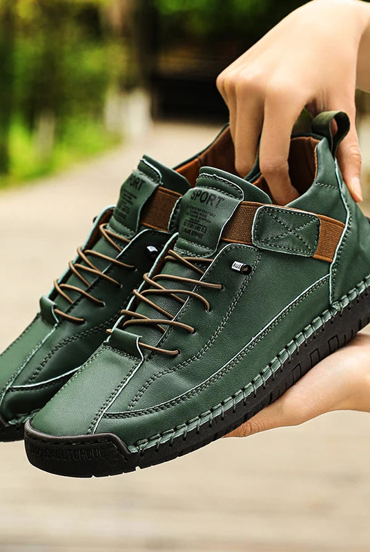 New Fashion Sneakers Handmade Leather Women's Shoes mid-top casual flats slip-on loafers in green with brown accents and