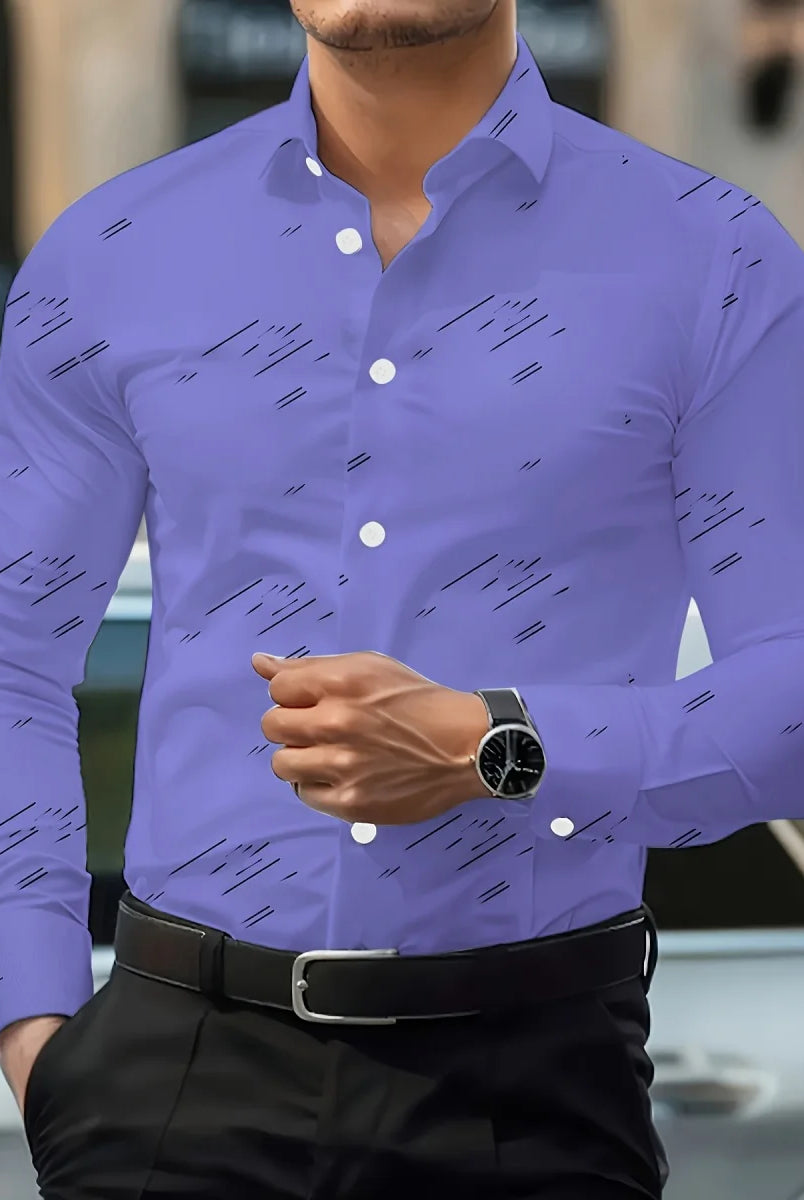 Men's Trendy Geometric 3D Line Print Long-Sleeved White Button-Up Shirt with Lapel, casual fashion for men, shown on a male