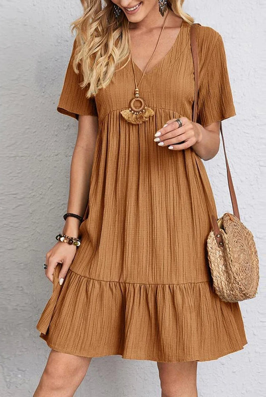 Vintage solid elegant women dress 2023 summer casual V-neck high waist A-line mini dress with short sleeves in warm brown.