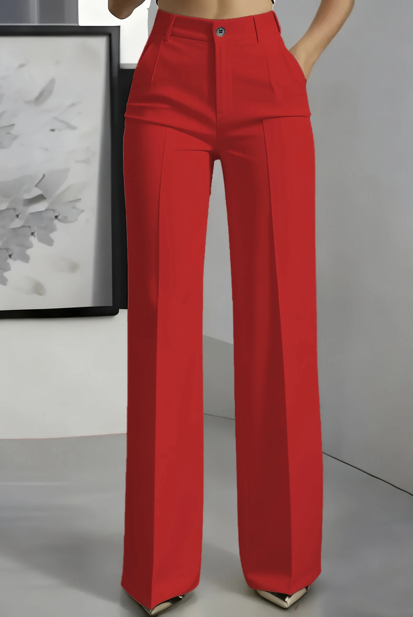 New 2025 Women's High-Waisted Draped Straight-Cut Suit Pants in red, made of smooth fabric, styled for European American cross-border fashion.