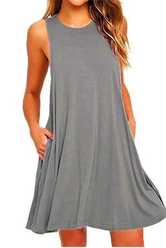 Women's Dress Summer Casual T Shirt Dresses Beach Cover Up Plain Pleated Tank Pockets Dress in gray fabric