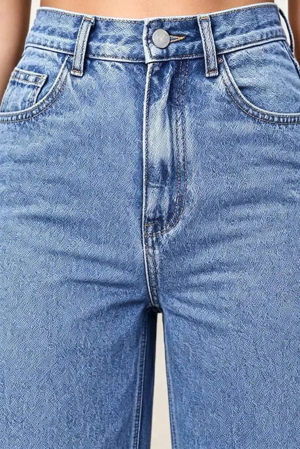 Women's High-Waisted Wide-Leg Capri Jeans in light blue denim with front pockets, button closure, and relaxed fit.