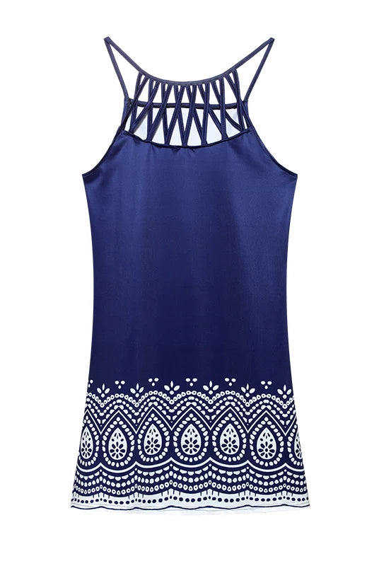 2024 Summer National Wind Positioning Printing Mesh Belt Sleeveless Casual Dress in blue with geometric white embroidery at the hem and lattice strap neckline