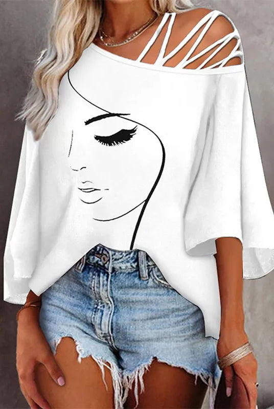 New wholesale autumn fashion patchwork loose casual women's printed T-shirt with a minimalist face graphic and cut-out shoulder details