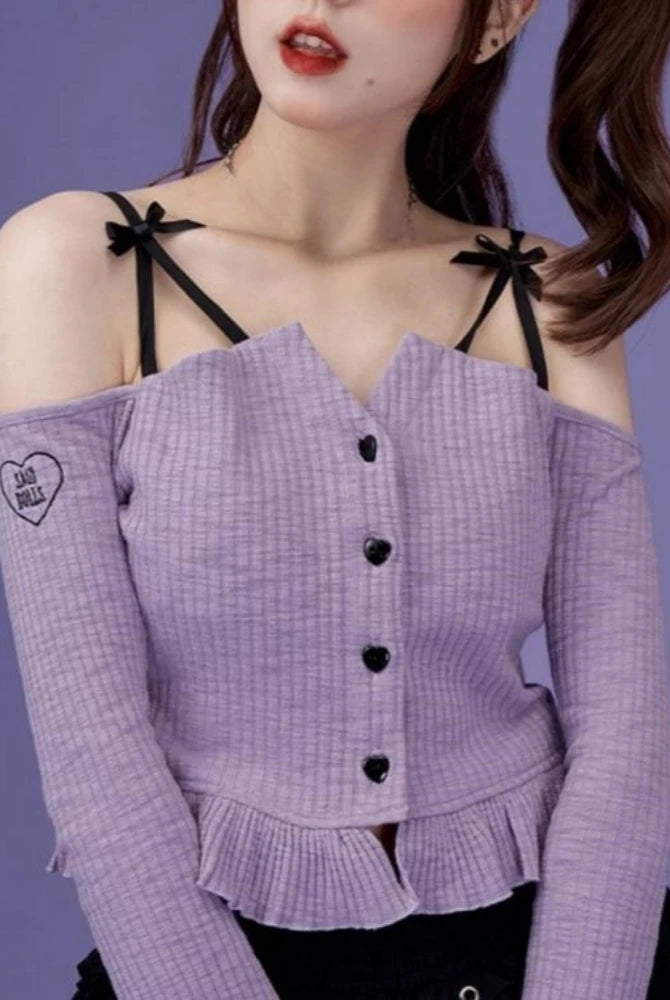 Slash Neck Y2k Aesthetic Embroidery T-shirt in purple with ruffled hem, black button details, and black ribbon straps