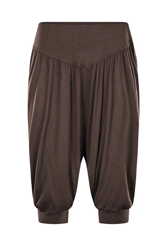 Summer Women Capri Pants Elastic Casual Loose High Waist Bloomers Joggers for Sports and Yoga in brown fabric